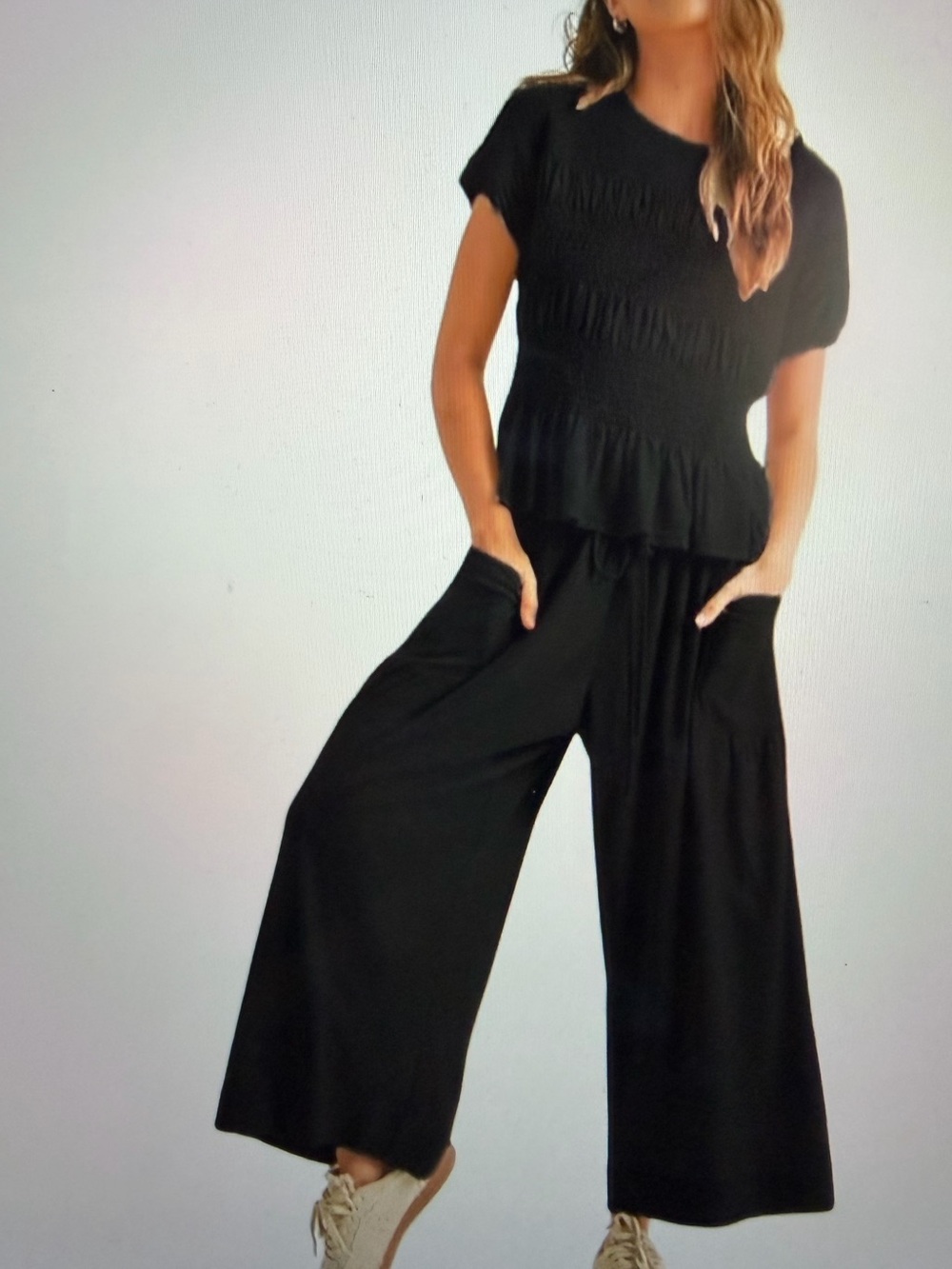 Boho Matching Set-Smocked Top & Black Wide-Leg with Pockets- NWT - Size S
